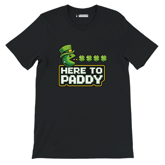 Black St. Patrick's Day tee with Pac-Man eating shamrocks, 'Here to Paddy' text, green leprechaun hat graphic