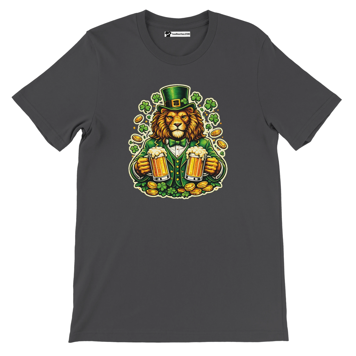Lion in green leprechaun hat holding beer mugs, shamrocks, gold coins. St. Patrick's Day tee.