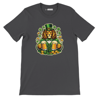 Lion in green leprechaun hat holding beer mugs, shamrocks, gold coins. St. Patrick's Day tee.
