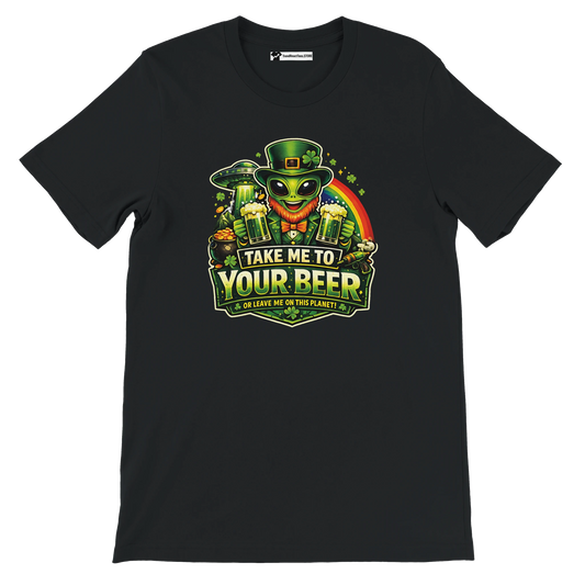 Alien in leprechaun hat holding beer, St. Patrick's Day tee with 'Take Me to Your Beer' slogan