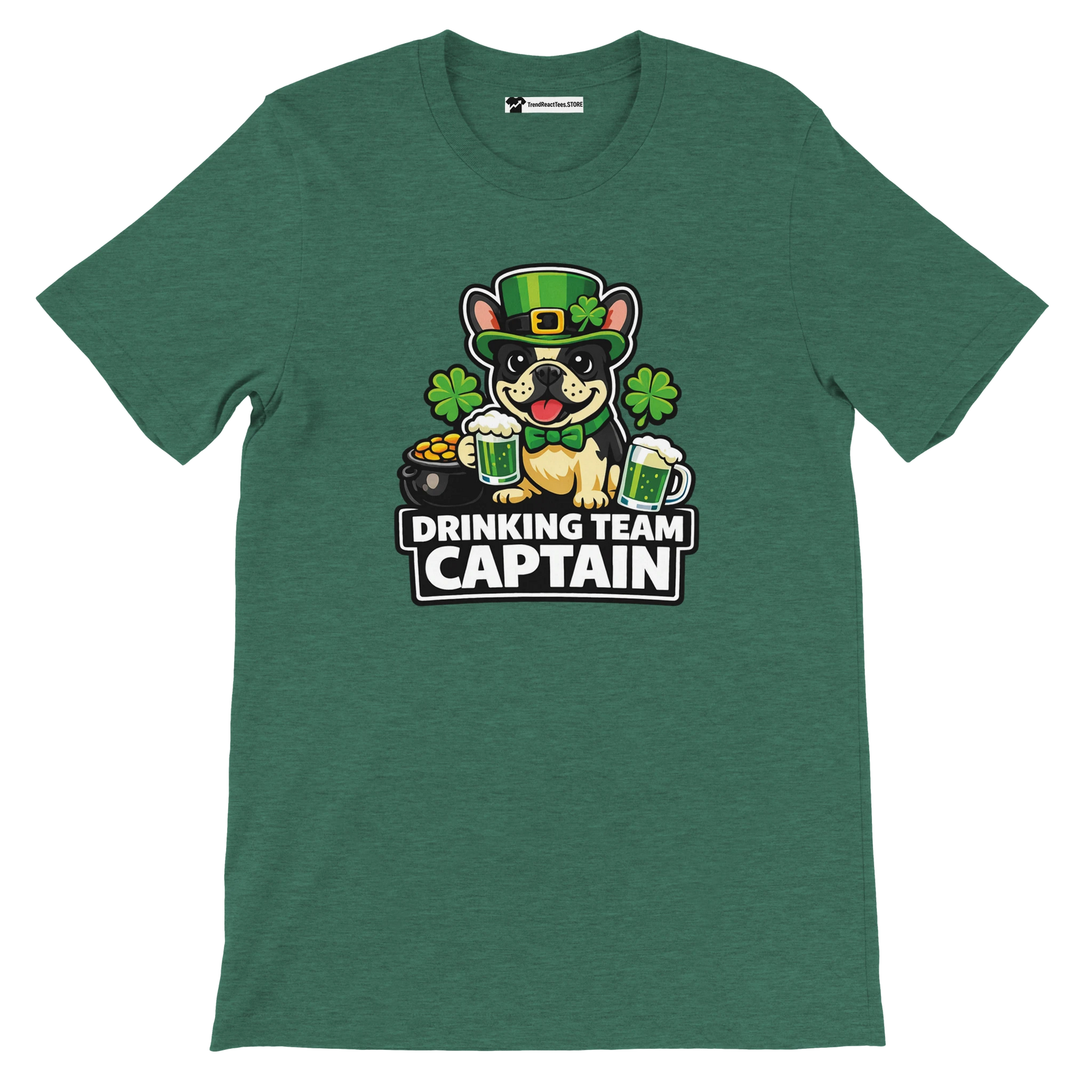 Green St. Patrick's Day tee with cartoon dog in leprechaun hat, shamrocks, beer mugs, and 'Drinking Team Captain' text