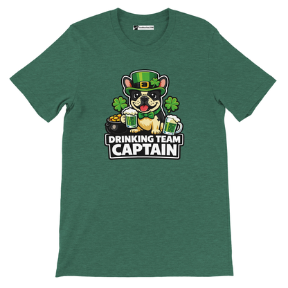 Green St. Patrick's Day tee with cartoon dog in leprechaun hat, shamrocks, beer mugs, and 'Drinking Team Captain' text