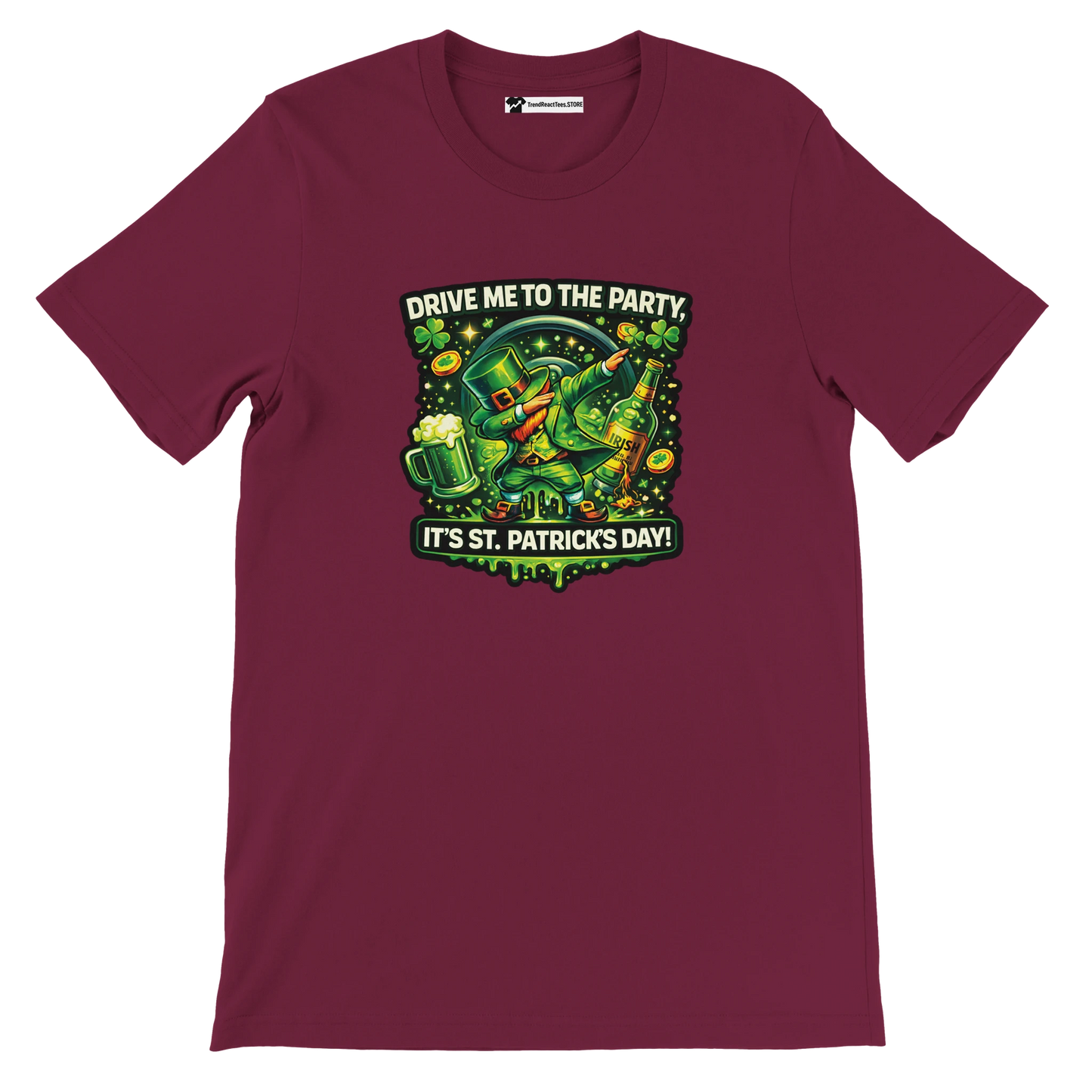 St. Patrick's Day tee with dabbing leprechaun, beer, shamrocks, and 'Drive Me to the Party' text
