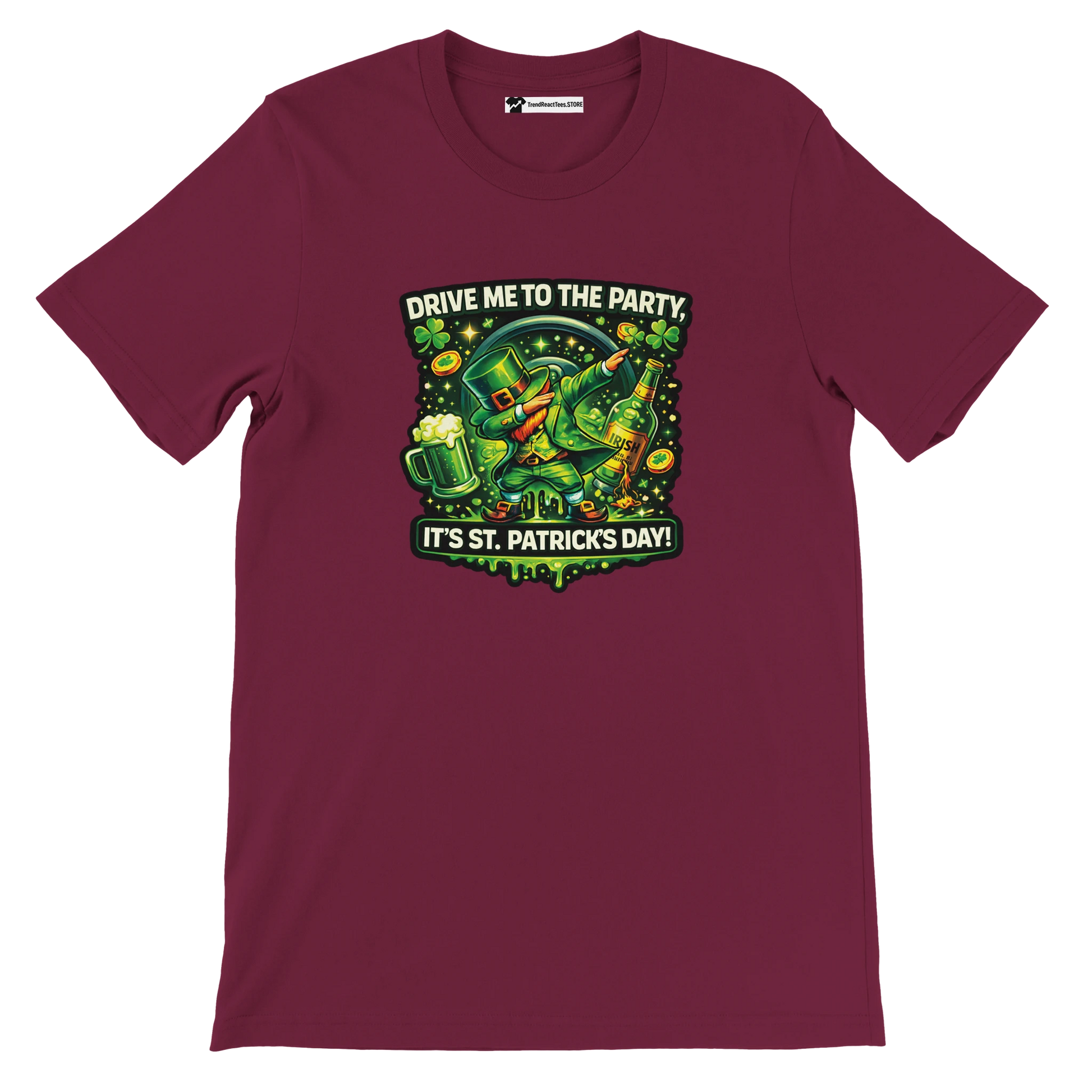 St. Patrick's Day tee with dabbing leprechaun, beer, shamrocks, and 'Drive Me to the Party' text