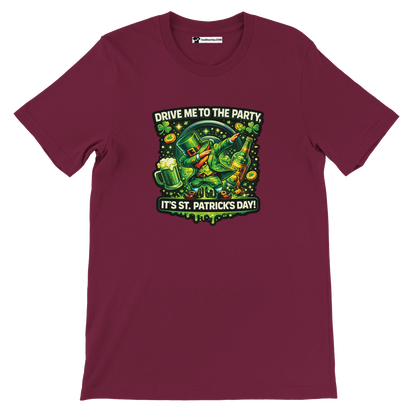 St. Patrick's Day tee with dabbing leprechaun, beer, shamrocks, and 'Drive Me to the Party' text