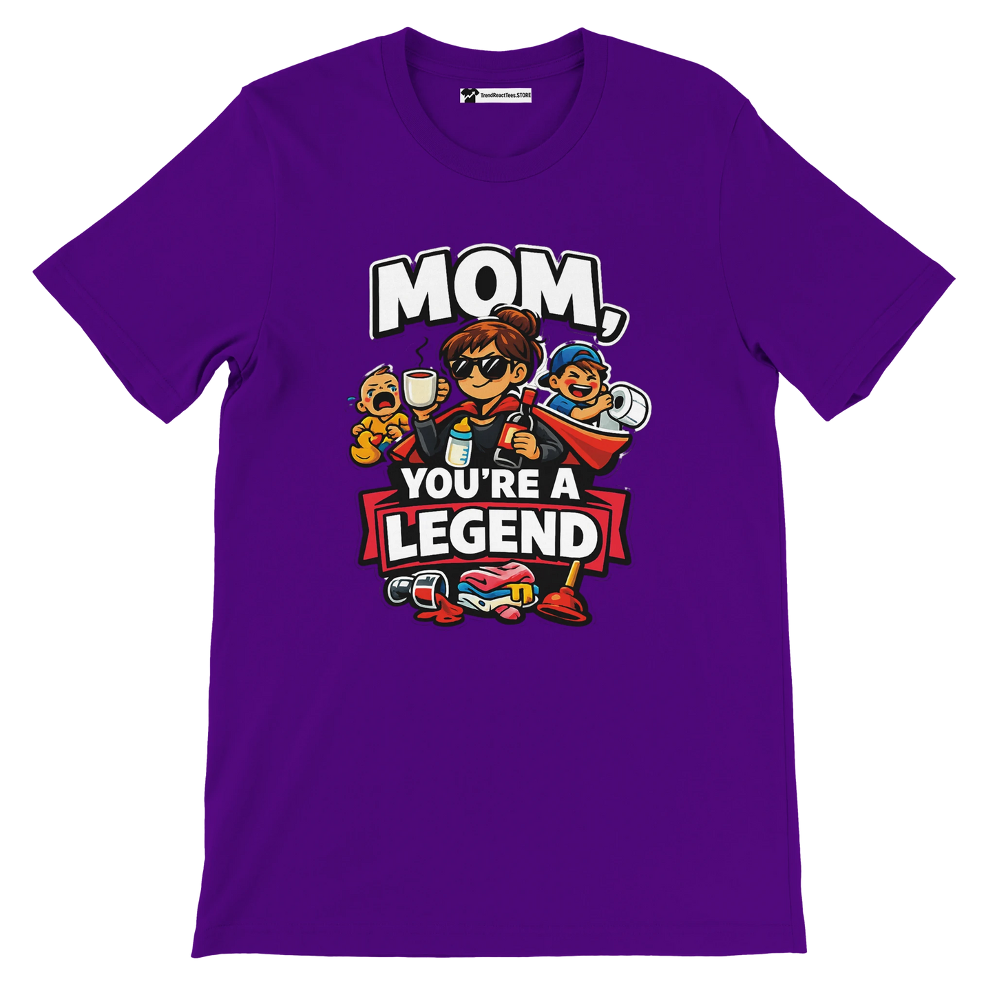 Purple t-shirt with cartoon mom, kids, and 'Mom, you’re a legend' quote graphic design