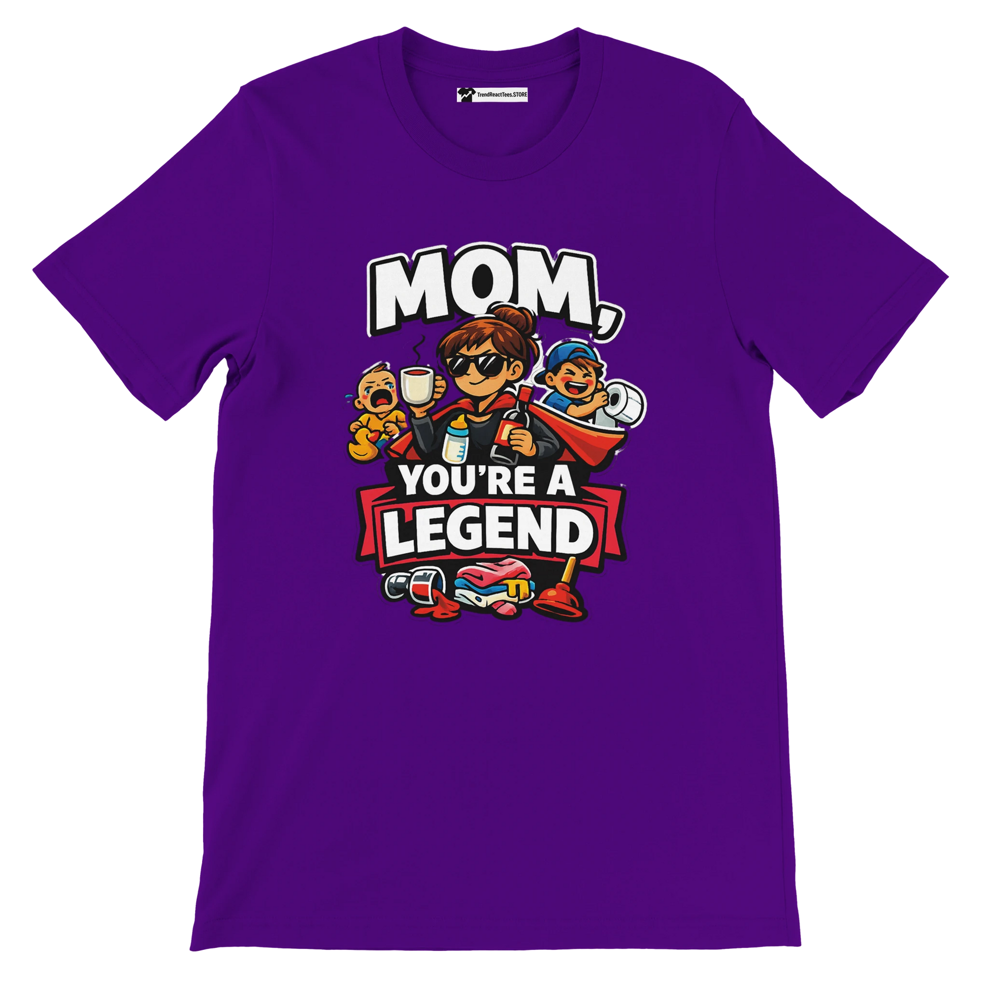 Purple t-shirt with cartoon mom, kids, and 'Mom, you’re a legend' quote graphic design