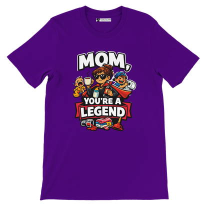 Purple t-shirt with cartoon mom, kids, and 'Mom, you’re a legend' quote graphic design