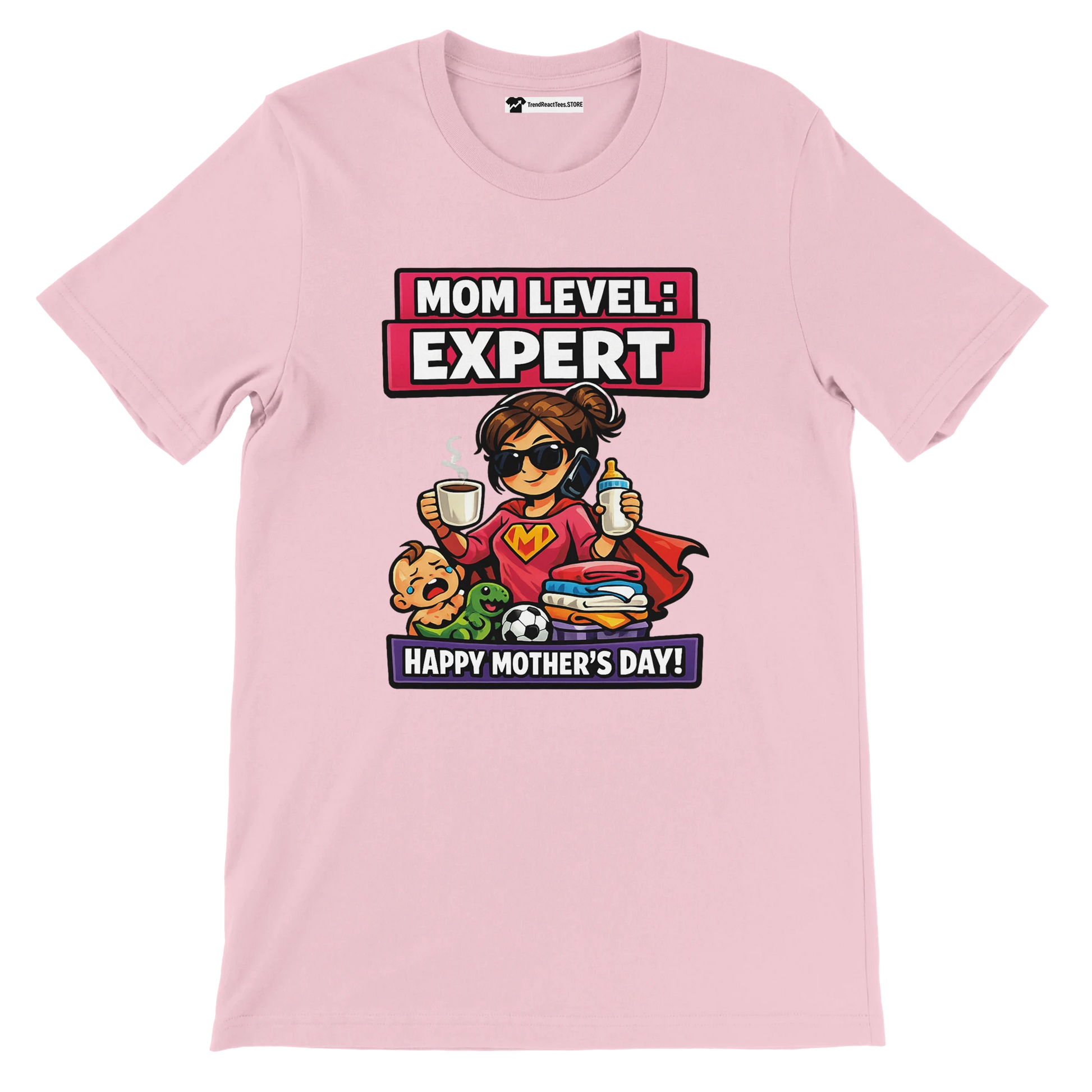 Pink tee with cartoon mom multitasking, text reads 'Mom Level: Expert, Happy Mother's Day'.