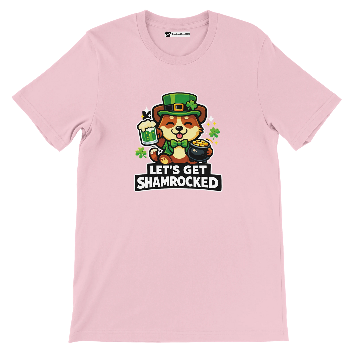 Pink t-shirt with cute dog in leprechaun hat, shamrocks, St. Patrick's Day theme, 'Let's Get Shamrocked' text
