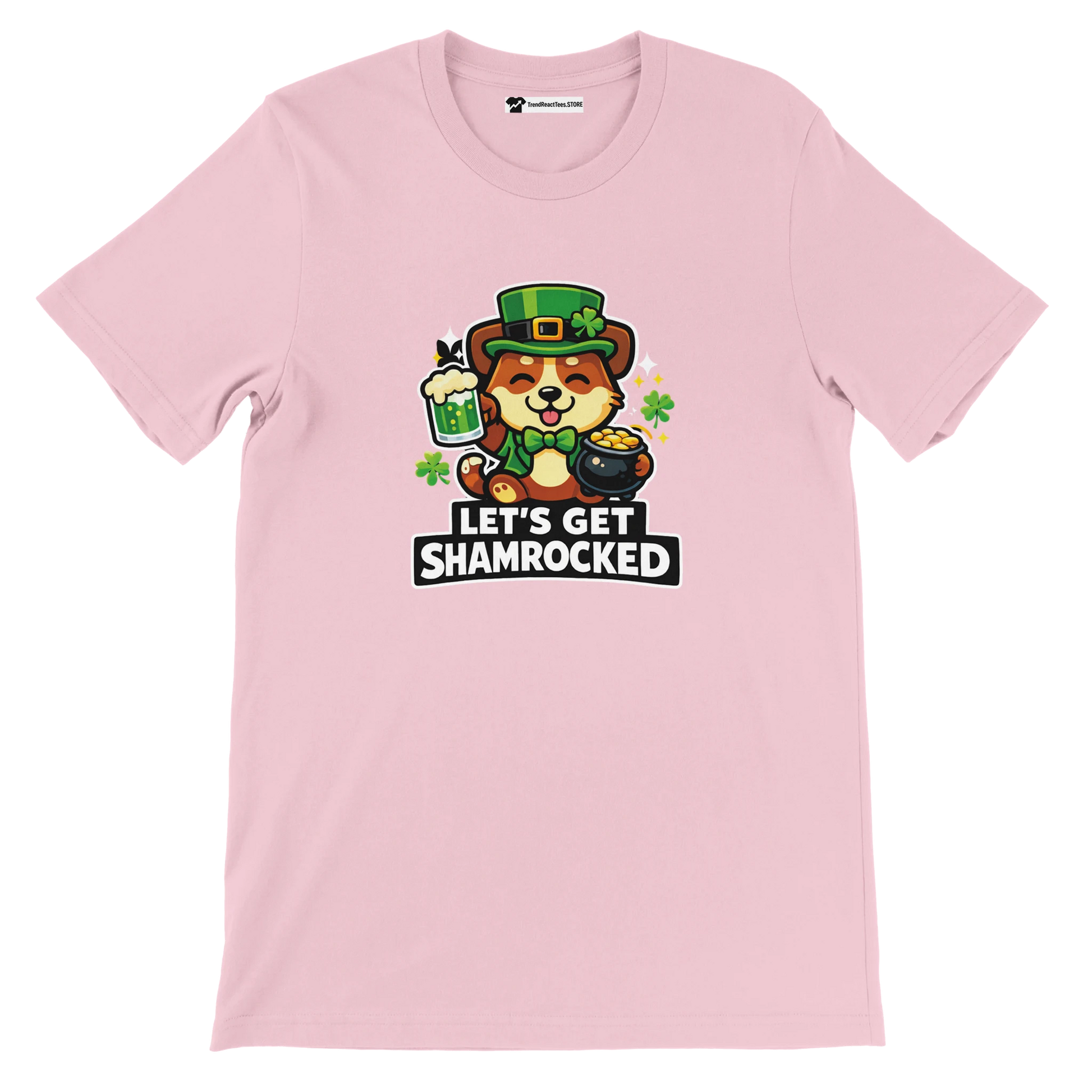Pink t-shirt with cute dog in leprechaun hat, shamrocks, St. Patrick's Day theme, 'Let's Get Shamrocked' text