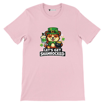 Pink t-shirt with cute dog in leprechaun hat, shamrocks, St. Patrick's Day theme, 'Let's Get Shamrocked' text