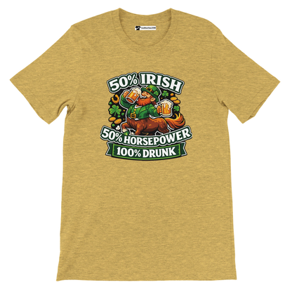 50% Irish 50% Horsepower 100% Drunk St. Patrick's Day tee with leprechaun, beer, shamrocks