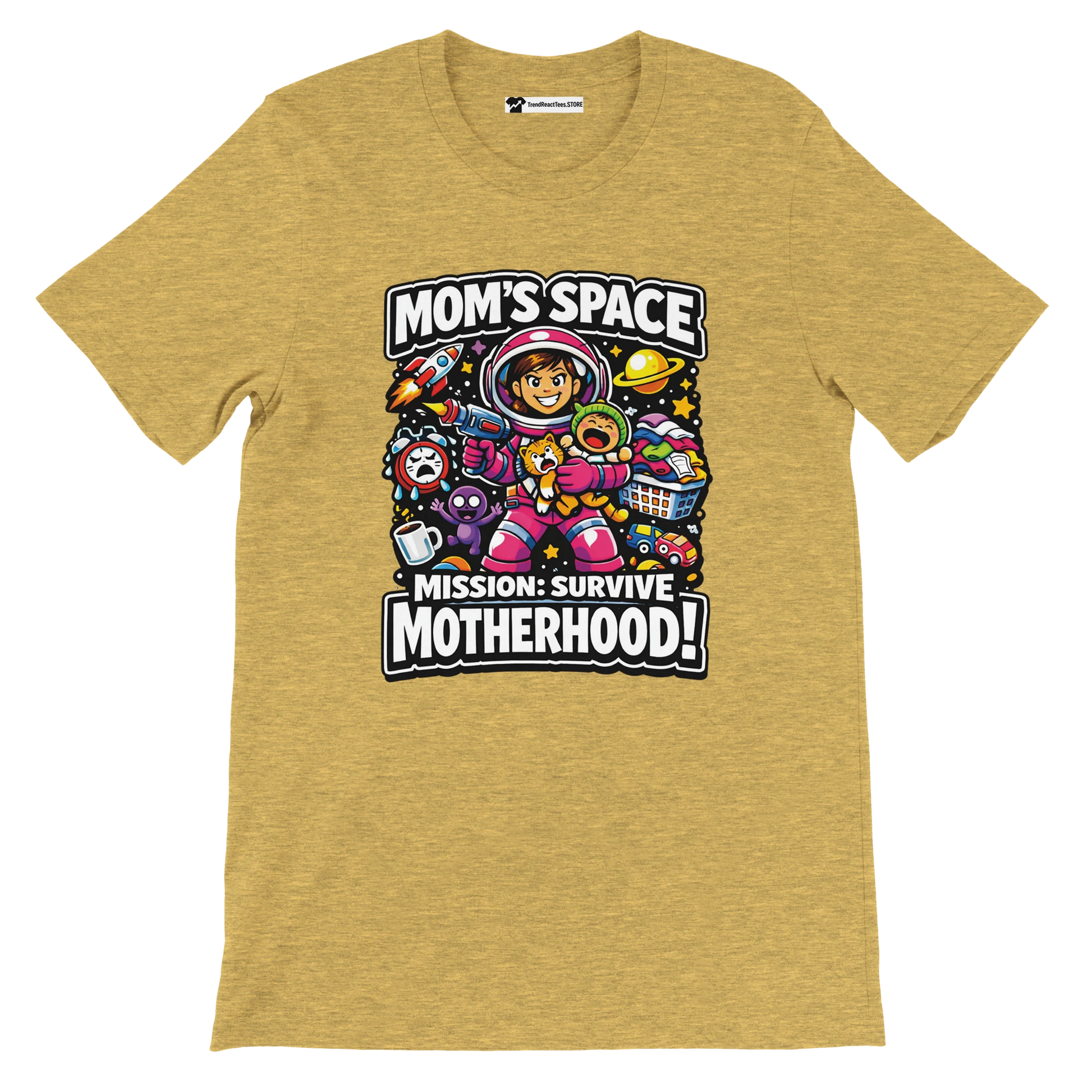 Yellow anime aesthetic t-shirt with astronaut mom and 'Mom's Space Mission: Survive Motherhood!' quote.
