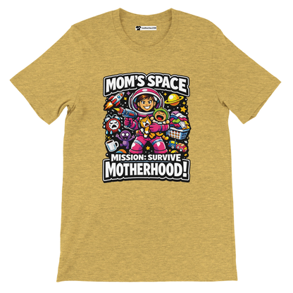 Yellow anime aesthetic t-shirt with astronaut mom and 'Mom's Space Mission: Survive Motherhood!' quote.