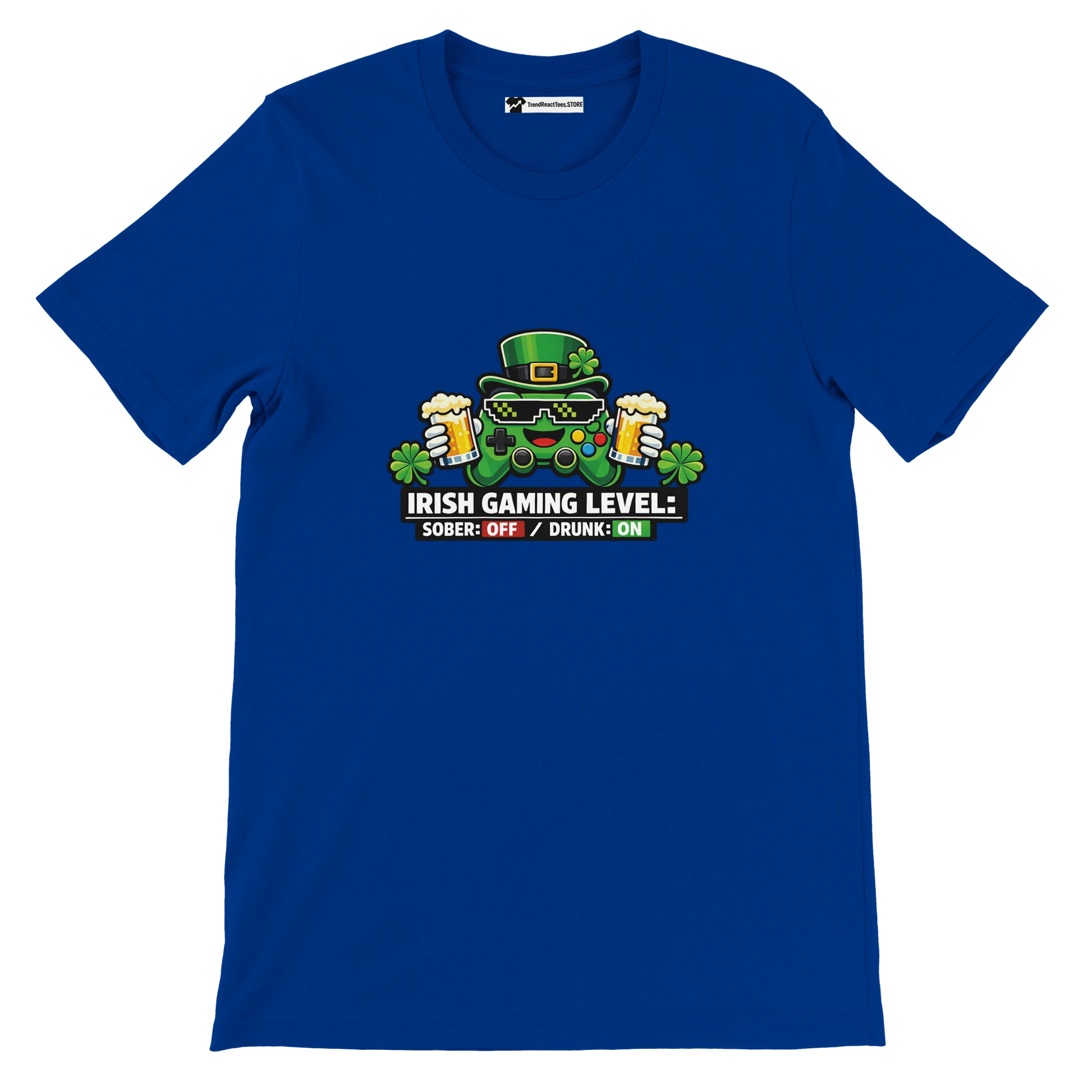 Blue Irish gaming t-shirt with leprechaun controller, beer, and shamrocks design