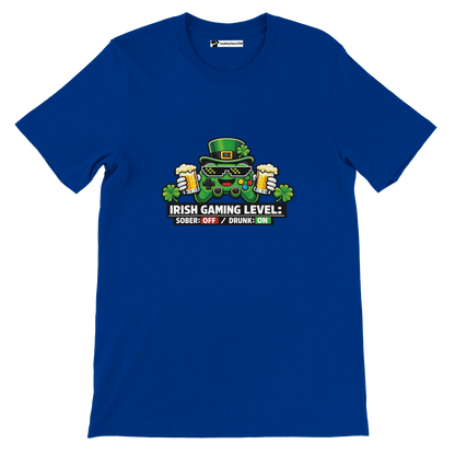 Blue Irish gaming t-shirt with leprechaun controller, beer, and shamrocks design