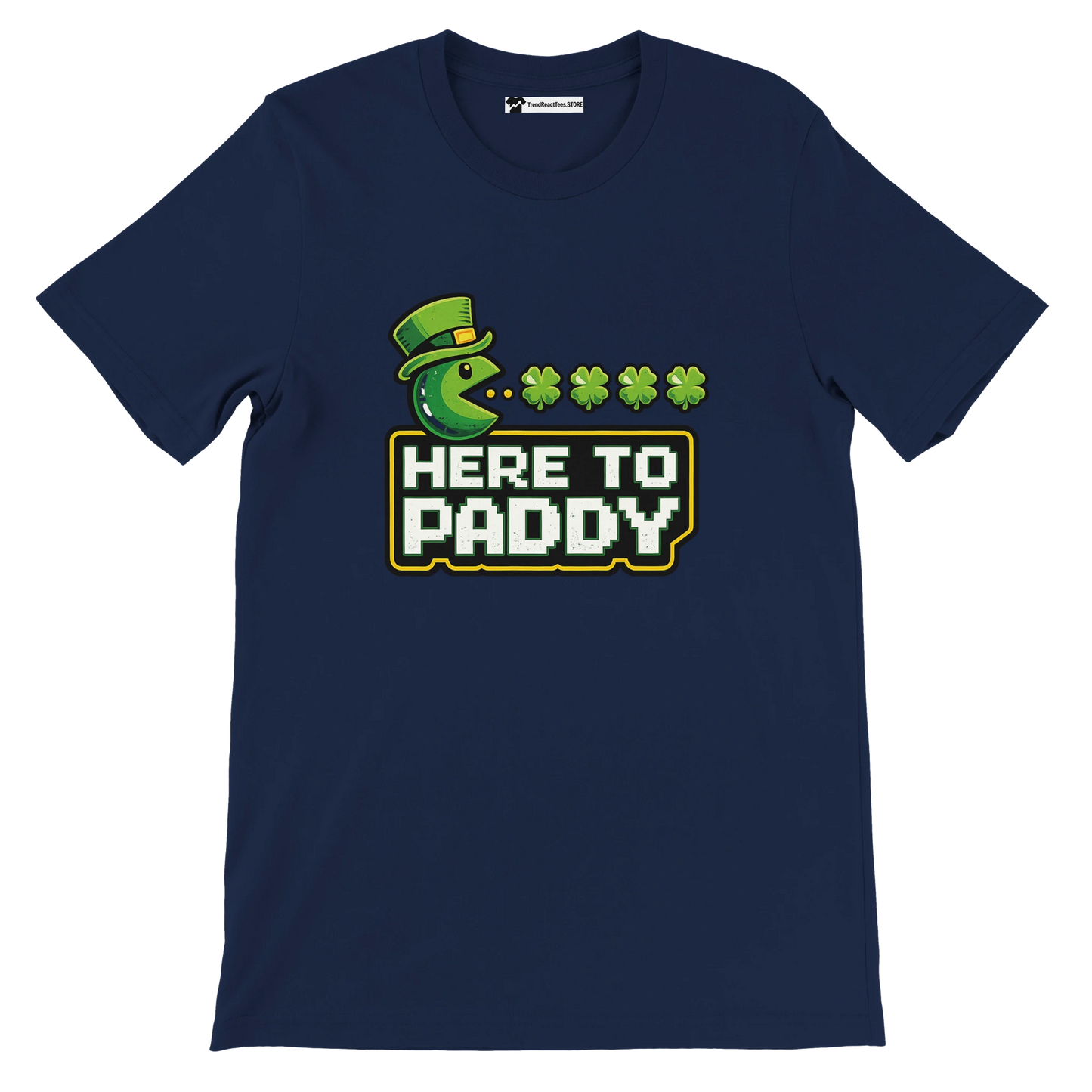Navy blue St. Patrick's Day t-shirt with 'Here to Paddy' text, green Pac-Man, and shamrocks design.