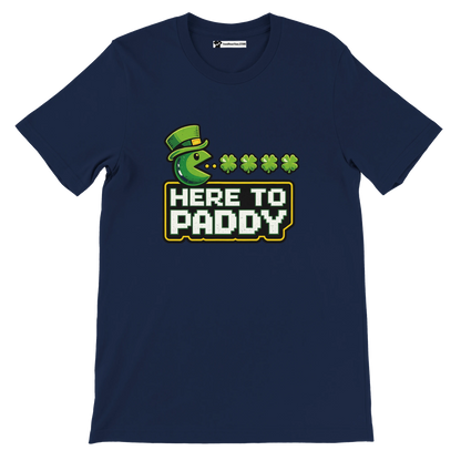 Navy blue St. Patrick's Day t-shirt with 'Here to Paddy' text, green Pac-Man, and shamrocks design.