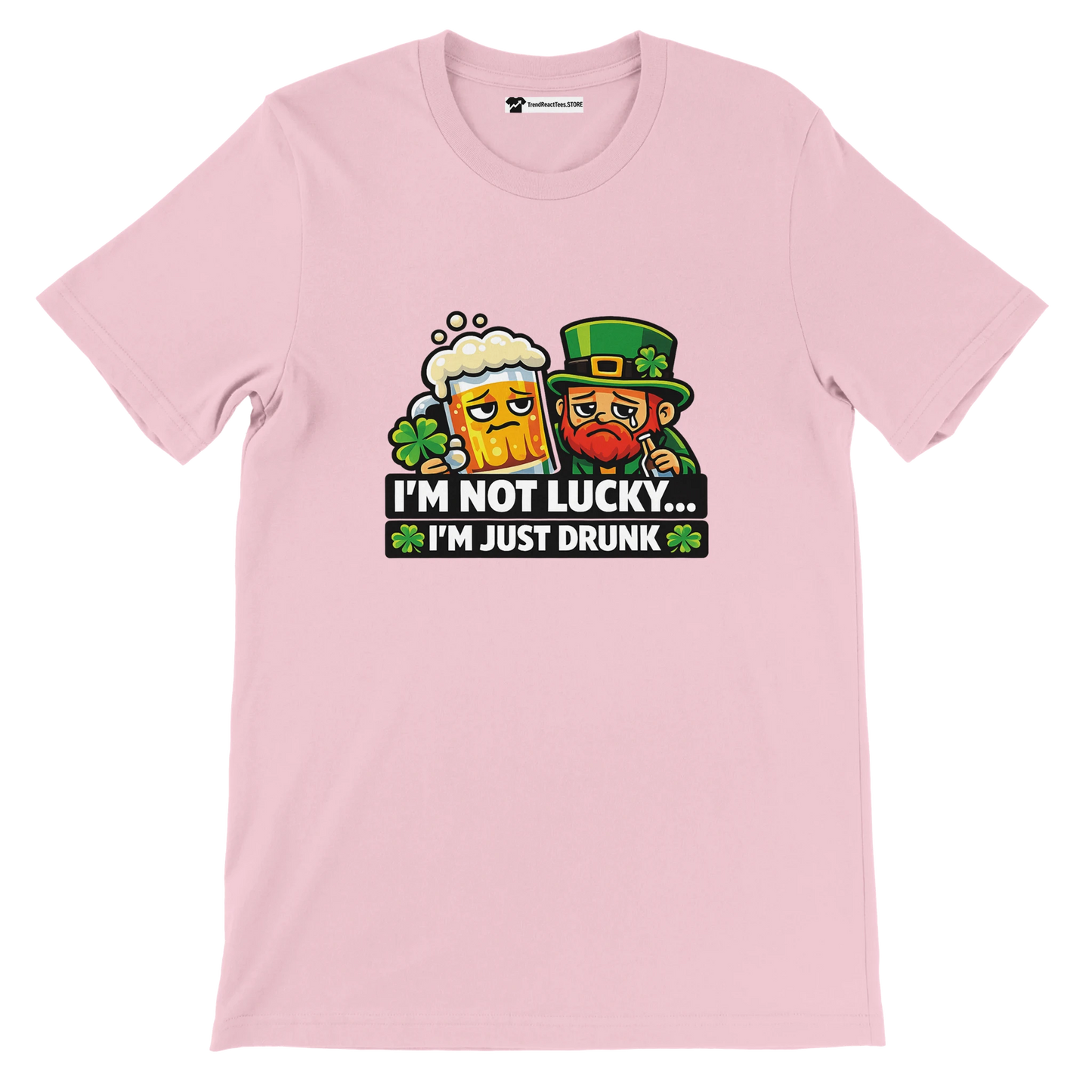 Pink St. Patrick's Day tee with leprechaun, beer mug, and 'I'm Not Lucky... I'm Just Drunk' text, shamrocks