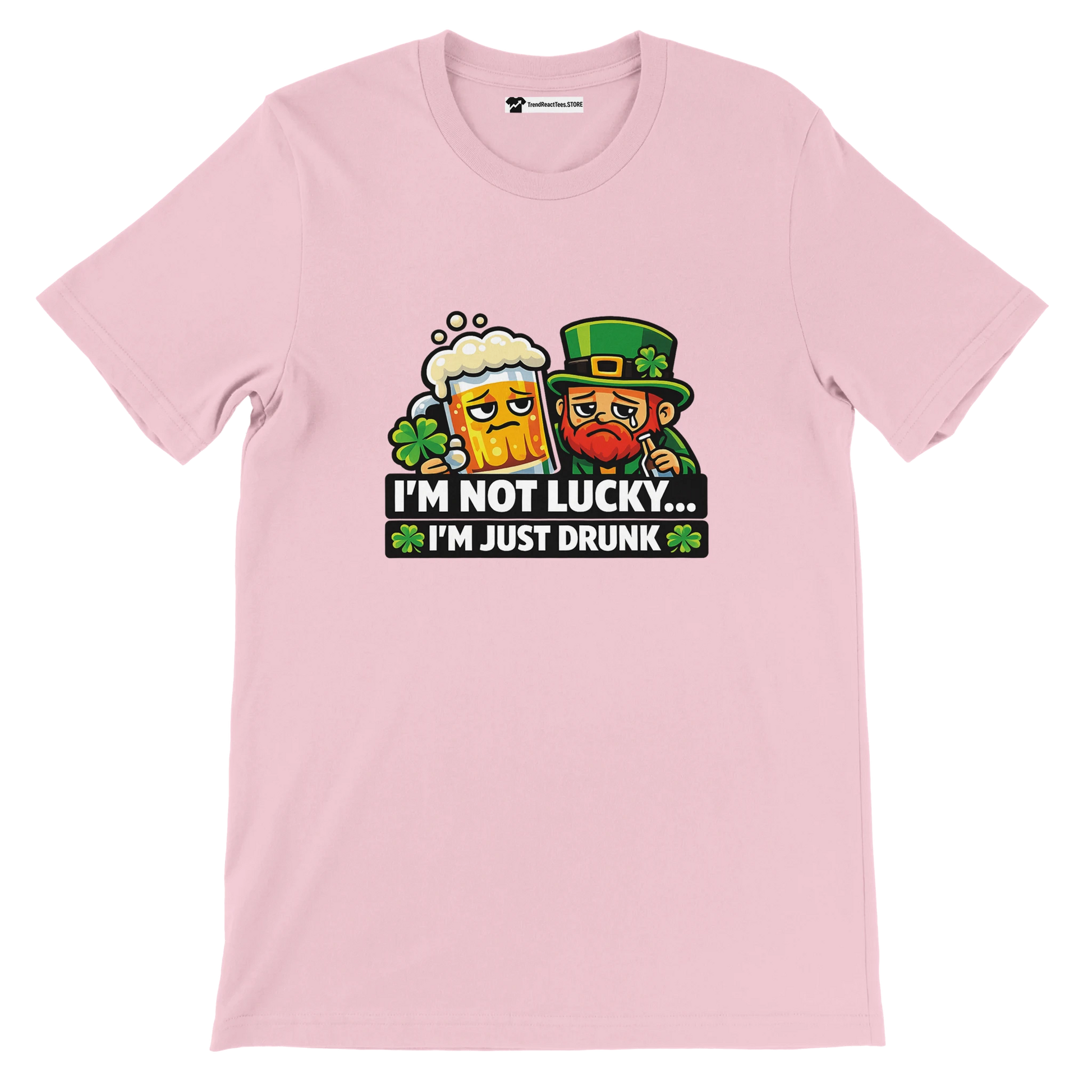Pink St. Patrick's Day tee with leprechaun, beer mug, and 'I'm Not Lucky... I'm Just Drunk' text, shamrocks