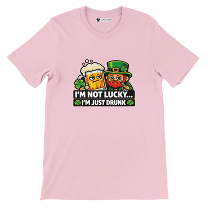 Pink St. Patrick's Day tee with leprechaun, beer mug, and 'I'm Not Lucky... I'm Just Drunk' text, shamrocks