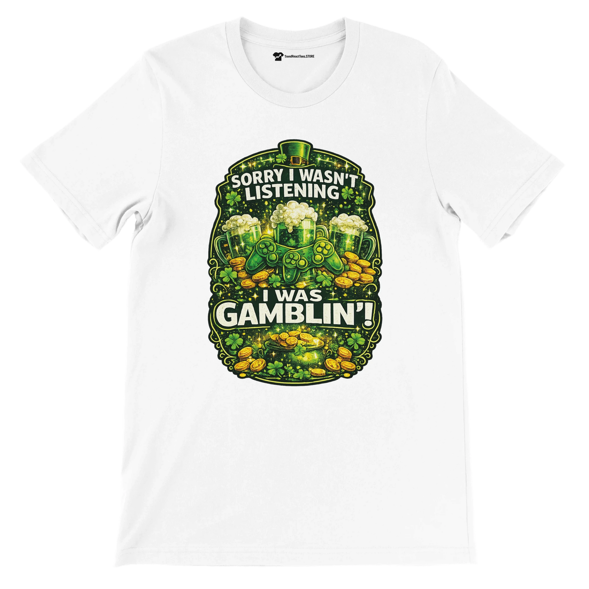White anime aesthetic t-shirt with green shamrocks, gold coins, beer mugs, and festive gaming design