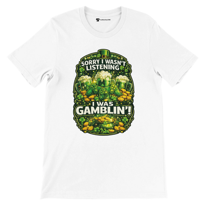 White anime aesthetic t-shirt with green shamrocks, gold coins, beer mugs, and festive gaming design