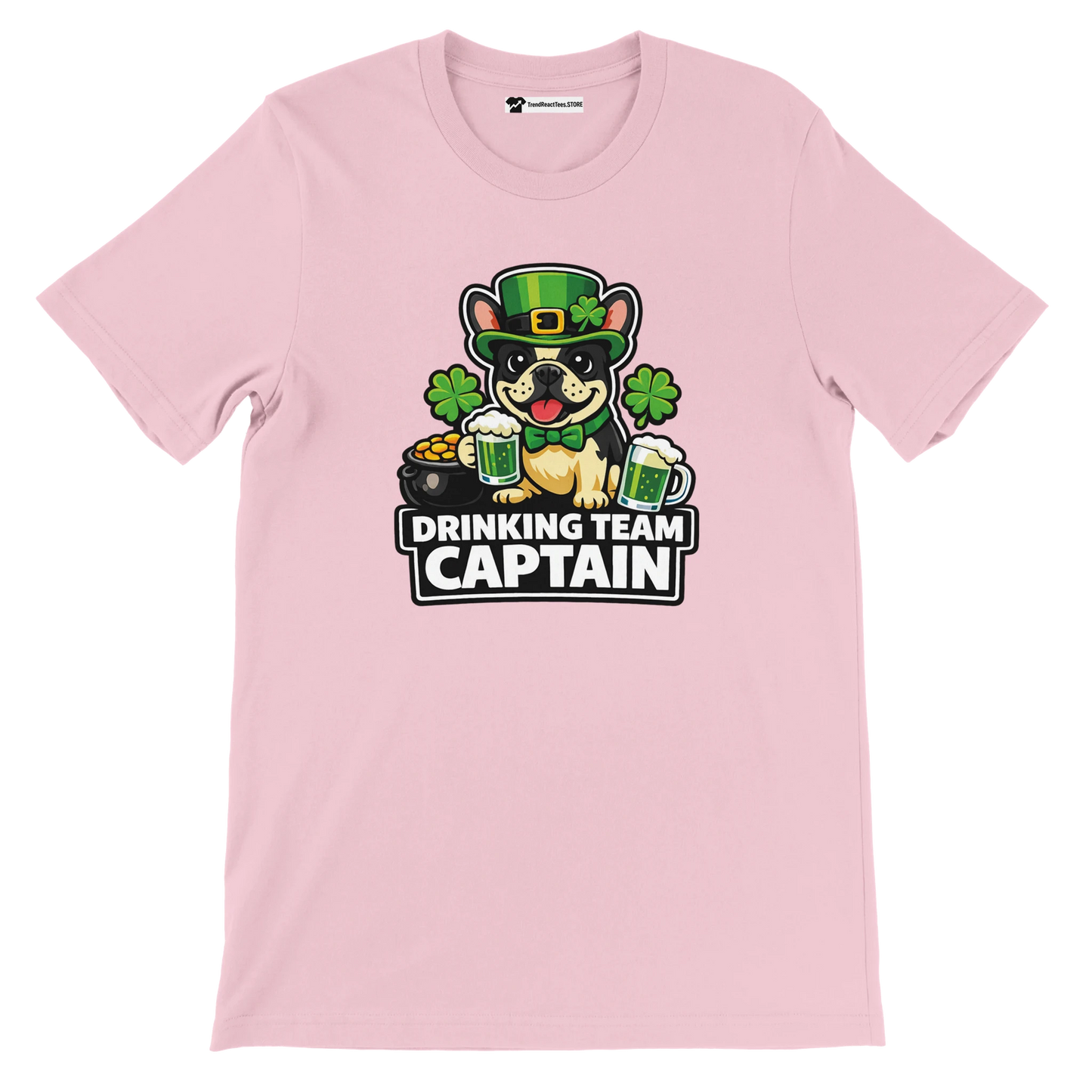 Pink tee with cute dog in green hat holding beer, 'Drinking Team Captain' text, St. Patrick's Day design