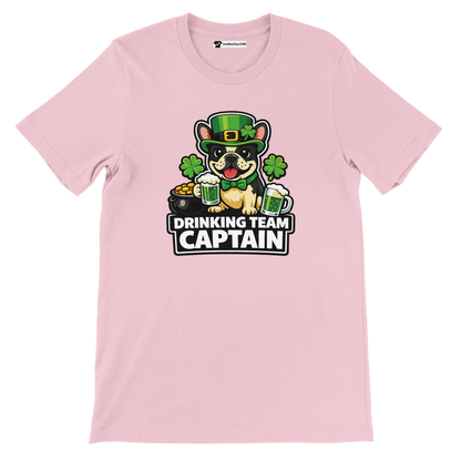 Pink tee with cute dog in green hat holding beer, 'Drinking Team Captain' text, St. Patrick's Day design