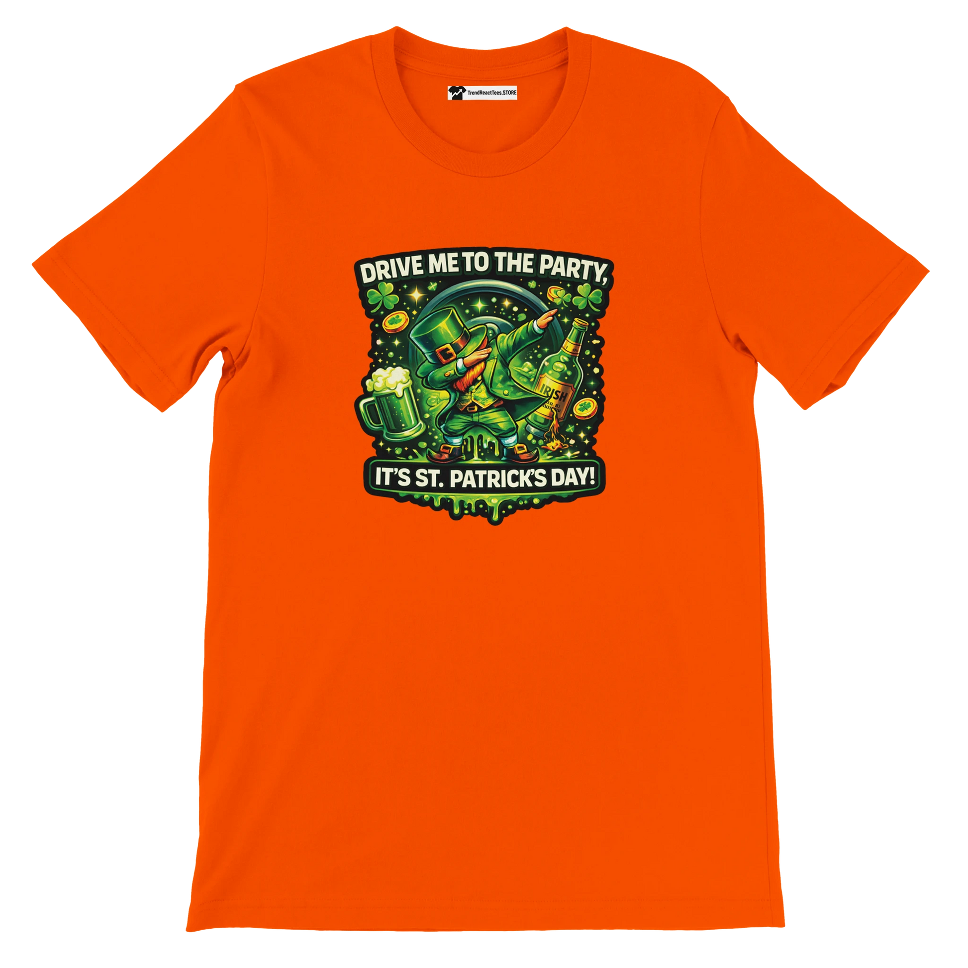Orange St. Patrick’s Day tee with dabbing leprechaun, beer, shamrocks, and 'Drive Me to the Party' text