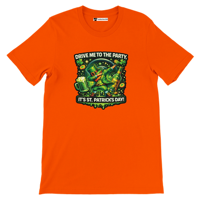 Orange St. Patrick’s Day tee with dabbing leprechaun, beer, shamrocks, and 'Drive Me to the Party' text