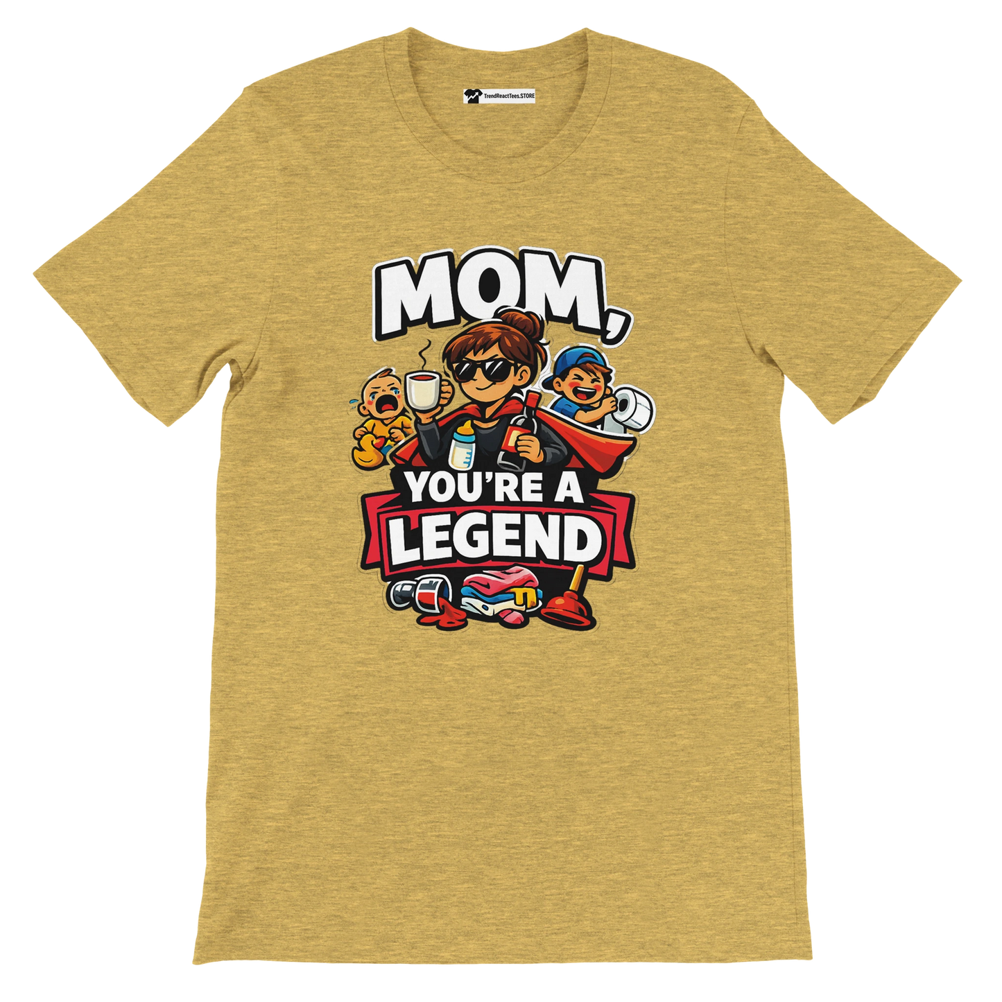 Yellow graphic tee with cartoon mom, kids, gifts, and bold text 'Mom, You're a Legend'.
