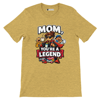 Yellow graphic tee with cartoon mom, kids, gifts, and bold text 'Mom, You're a Legend'.