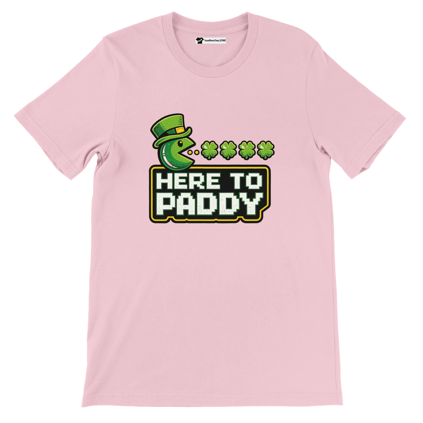 Pink St. Patrick's Day tee with Pac-Man in leprechaun hat, shamrocks, and 'HERE TO PADDY' text