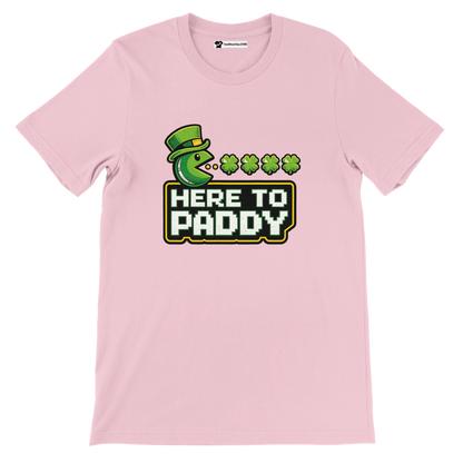 Pink St. Patrick's Day tee with Pac-Man in leprechaun hat, shamrocks, and 'HERE TO PADDY' text