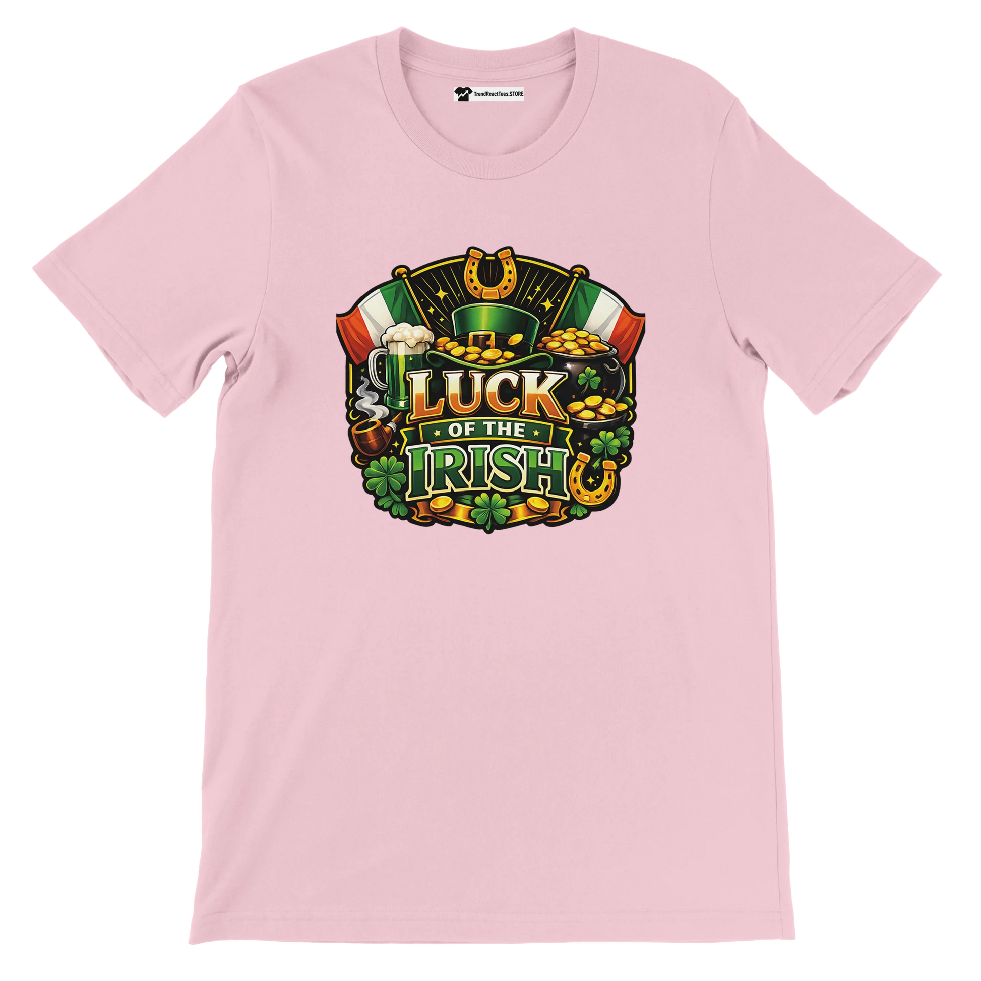 Pink t-shirt with 'Luck of the Irish' graphic, featuring shamrocks, gold coins, and a leprechaun hat.