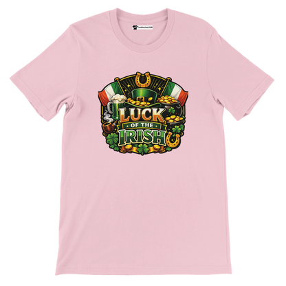 Pink t-shirt with 'Luck of the Irish' graphic, featuring shamrocks, gold coins, and a leprechaun hat.