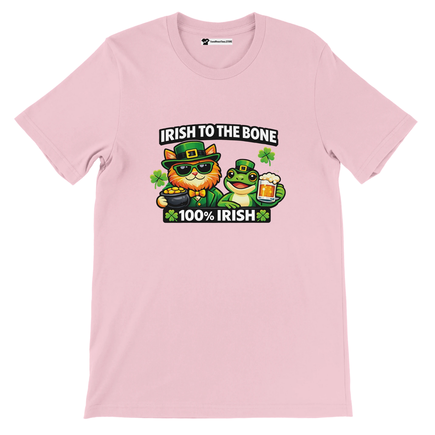 Pink Irish to the Bone tee with cat & frog in green hats, shamrocks, beer, and gold coins for St. Patrick's Day