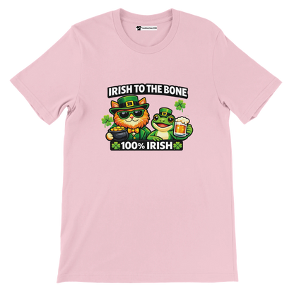 Pink Irish to the Bone tee with cat & frog in green hats, shamrocks, beer, and gold coins for St. Patrick's Day
