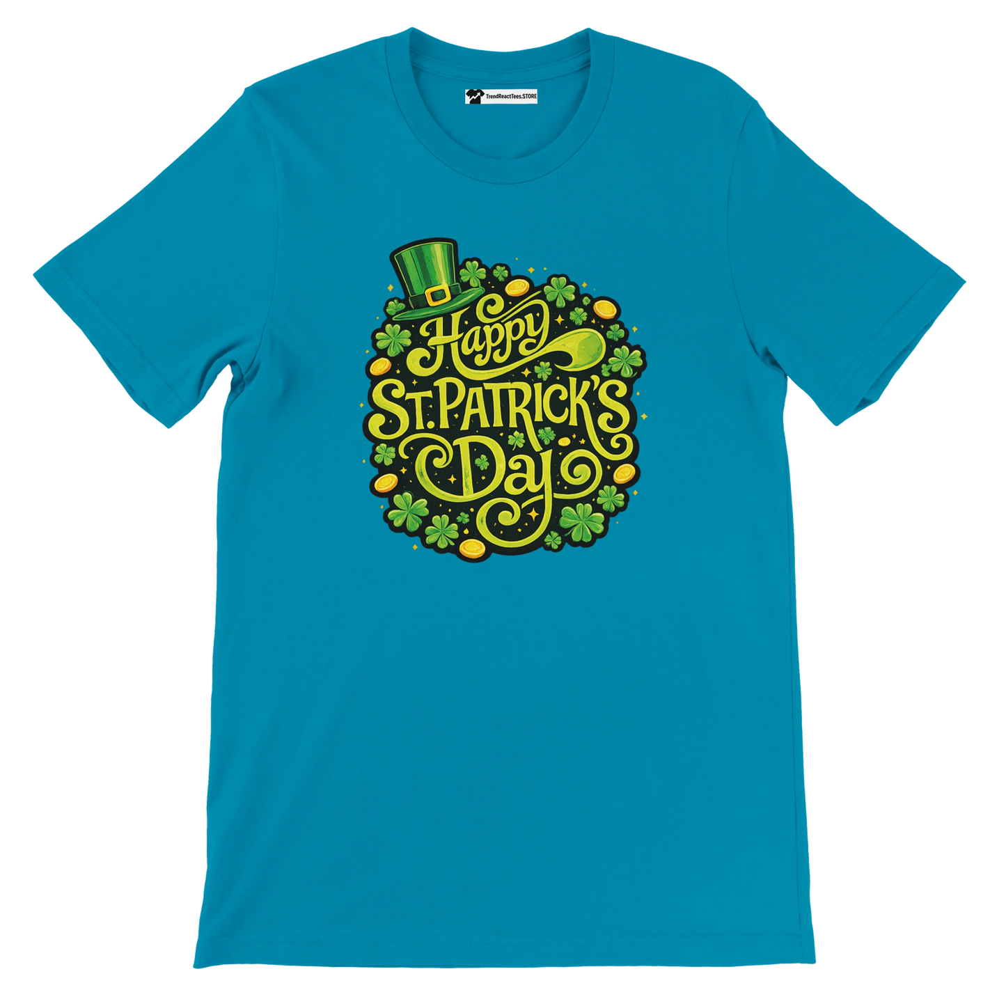 Blue St. Patrick's Day t-shirt with shamrocks, gold coins, and green leprechaun hat graphic.