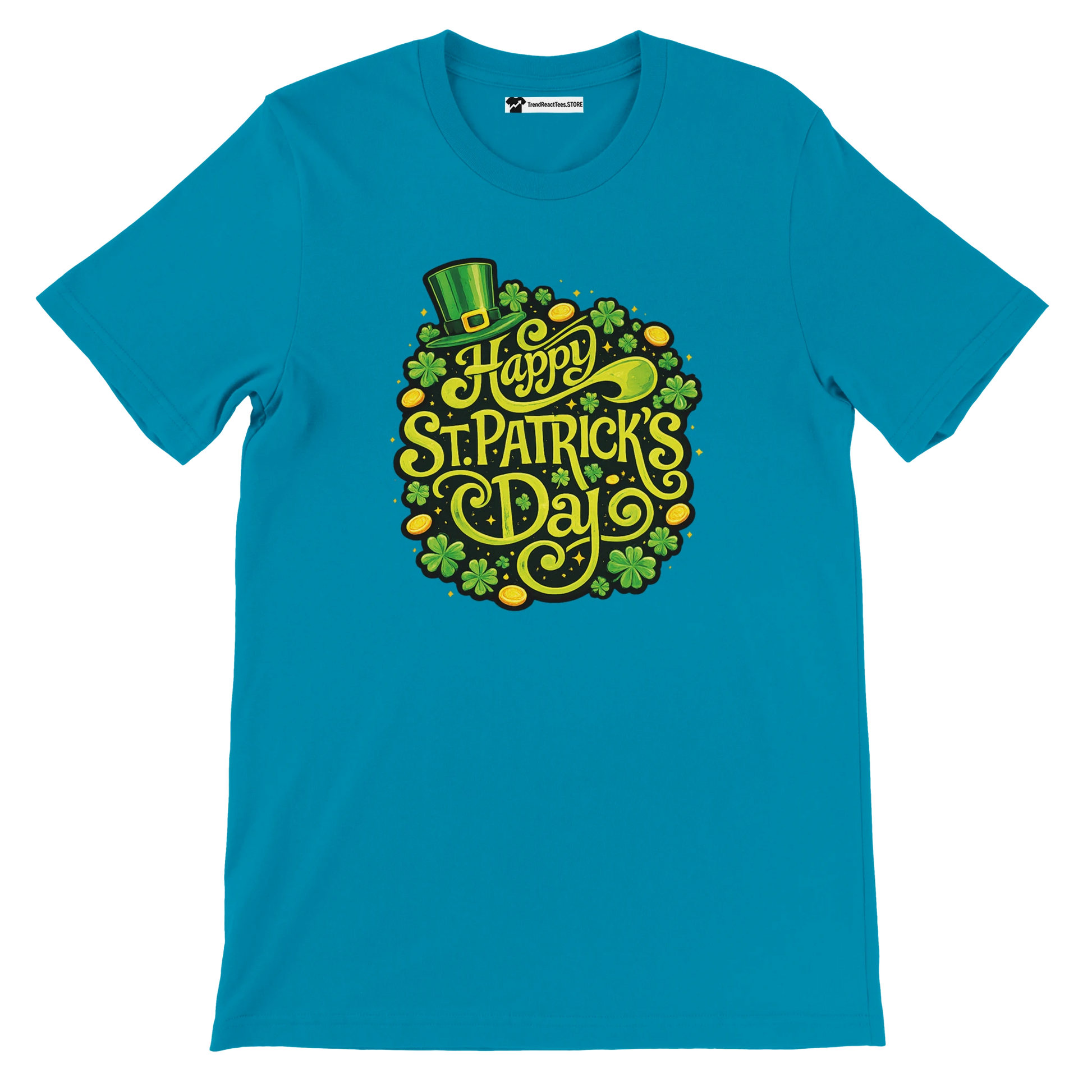 Blue St. Patrick's Day t-shirt with shamrocks, gold coins, and green leprechaun hat graphic.