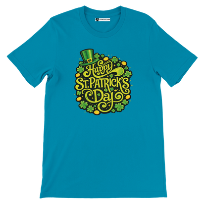 Blue St. Patrick's Day t-shirt with shamrocks, gold coins, and green leprechaun hat graphic.
