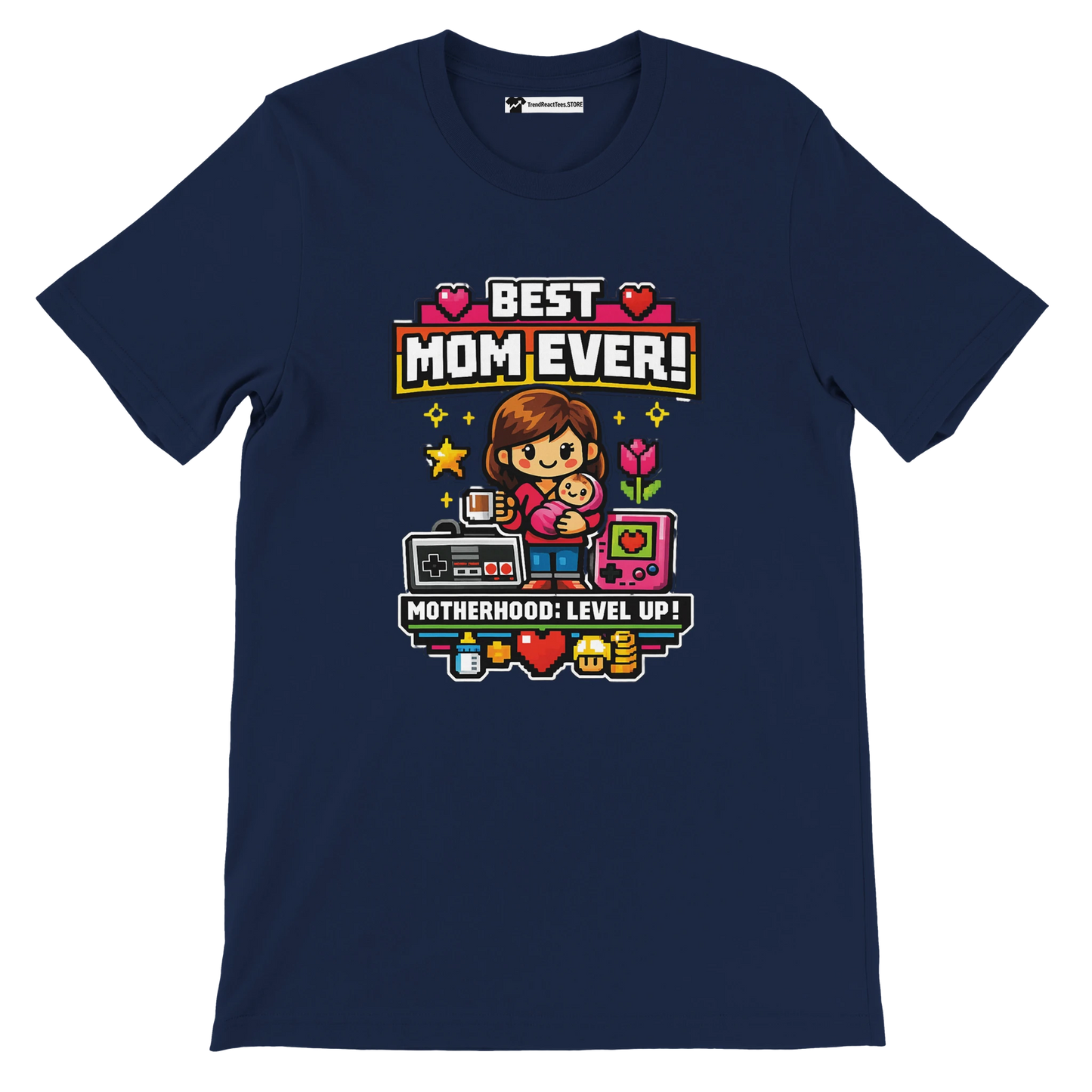 Navy t-shirt with pixel art of mom and child, gaming icons, and text Best Mom Ever, Motherhood Level Up