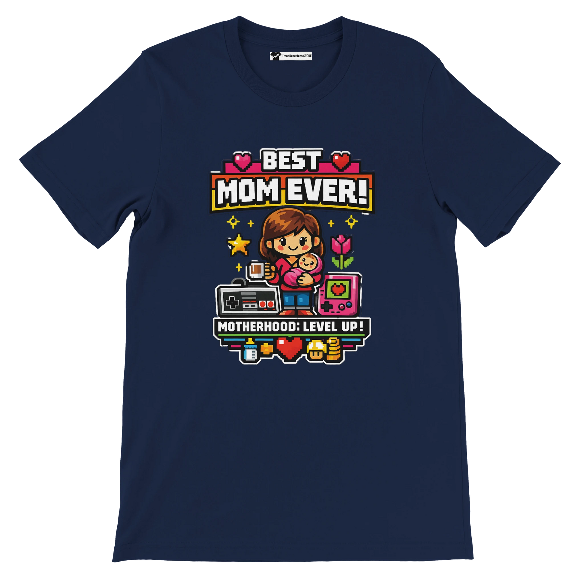 Navy t-shirt with pixel art of mom and child, gaming icons, and text Best Mom Ever, Motherhood Level Up