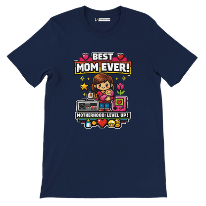 Navy t-shirt with pixel art of mom and child, gaming icons, and text Best Mom Ever, Motherhood Level Up