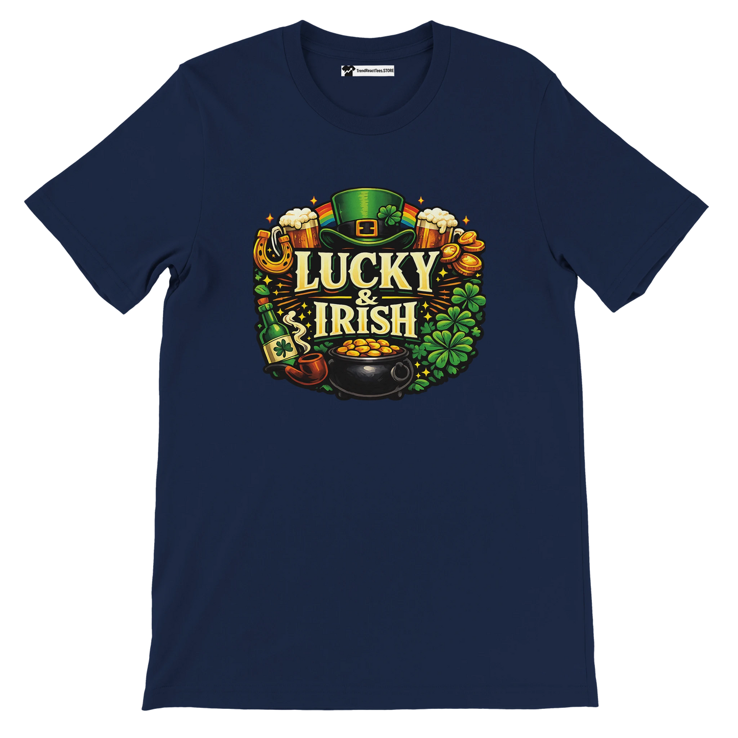 Navy t-shirt with Lucky & Irish graphic, leprechaun hat, clovers, beer, pot of gold