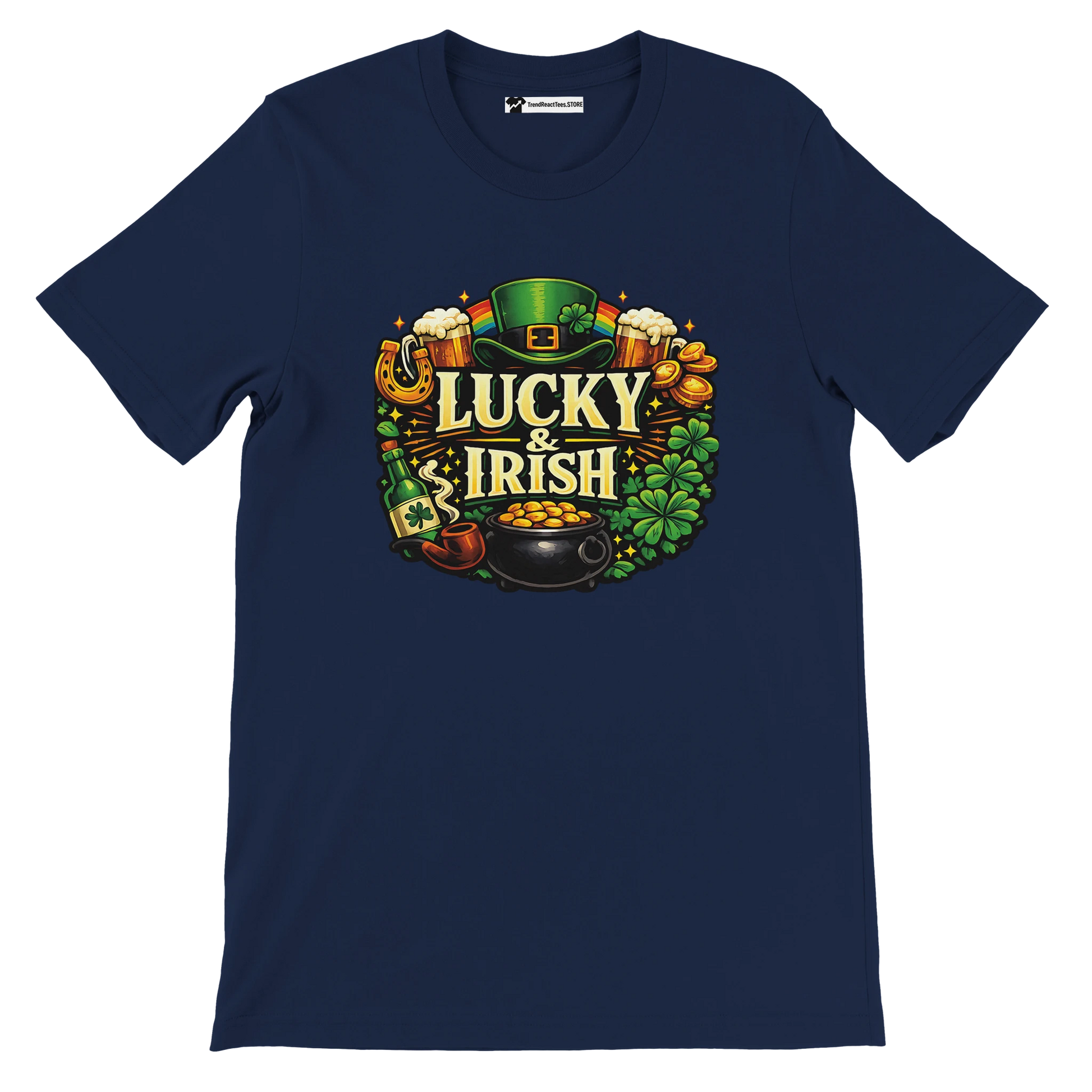 Navy t-shirt with Lucky & Irish graphic, leprechaun hat, clovers, beer, pot of gold