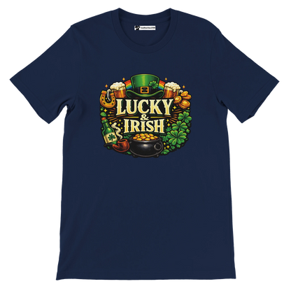 Navy t-shirt with Lucky & Irish graphic, leprechaun hat, clovers, beer, pot of gold