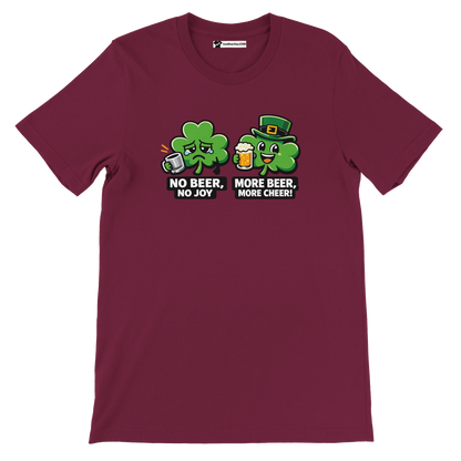 Maroon tee with two cartoon shamrocks, St. Patrick’s Day beer quote graphic